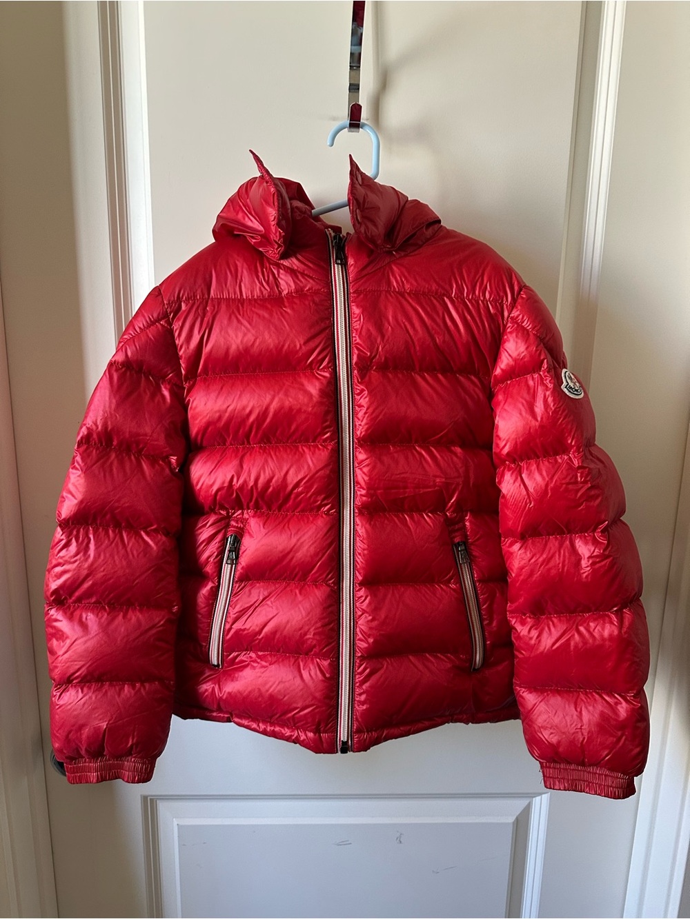 Moncler Maya Big Boys Kids Red Puffer Down Jacket with Hood Sz 10T